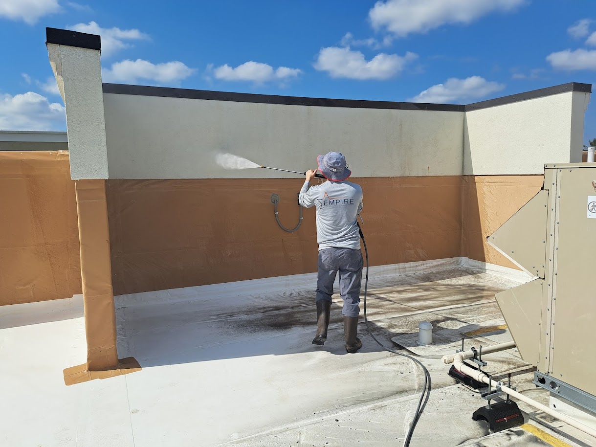 Commercial exterior cleaning in progress